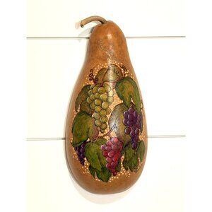 Hand Painted Gourd Half Wall Hanging Carved Grapes Vines Detail 12”